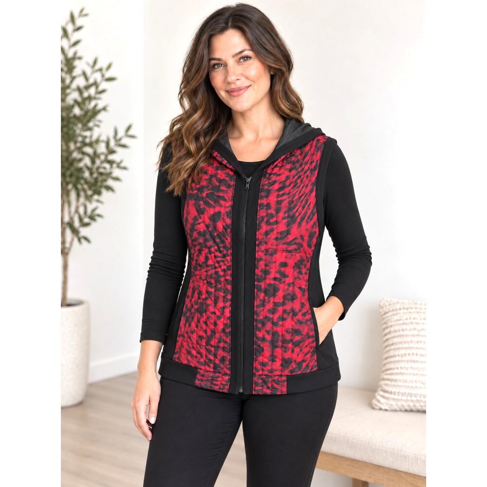 Zenergy by Chico's Hooded Zip Vest Size 3 Red Black Print Stretch Activewear EUC
